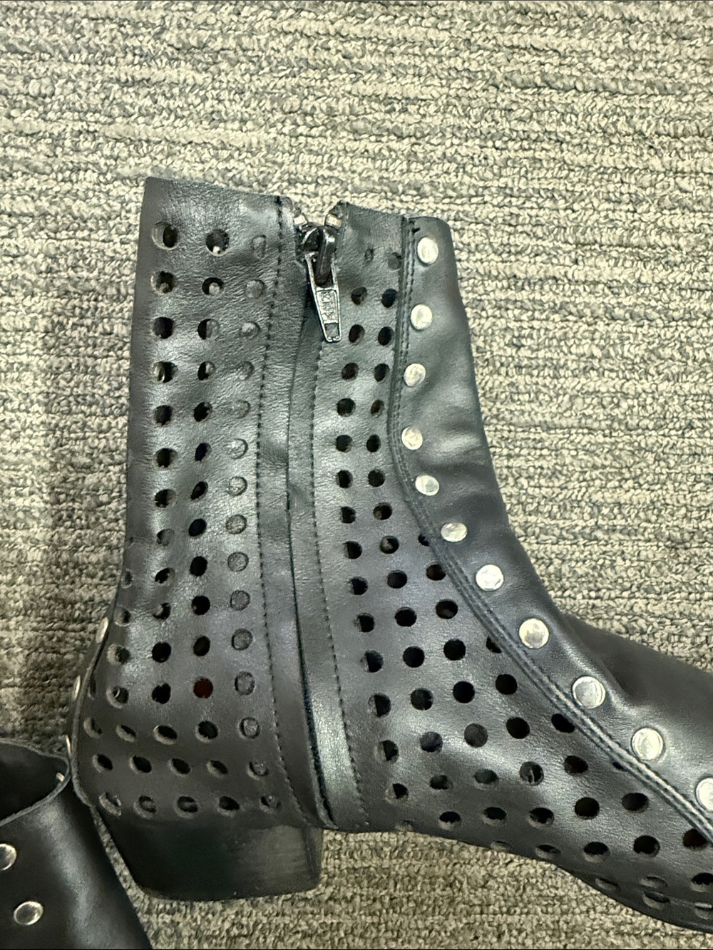 Women's Black Studded Perforated Ankle Boots - Picture 4 of 6
